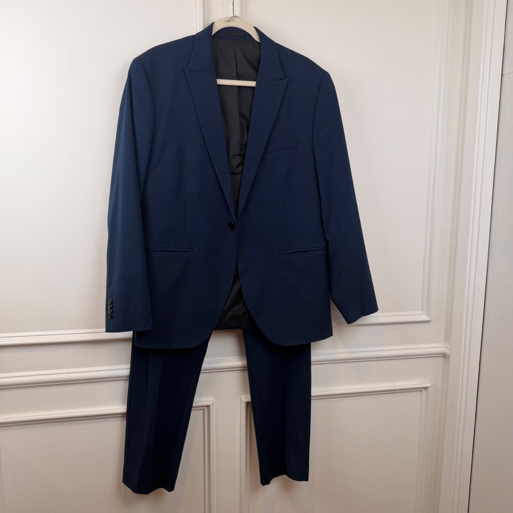 H&M Mens Slim Fit Navy Blue Suit Set 44R Jacket 36R Pants Blazer Trousers